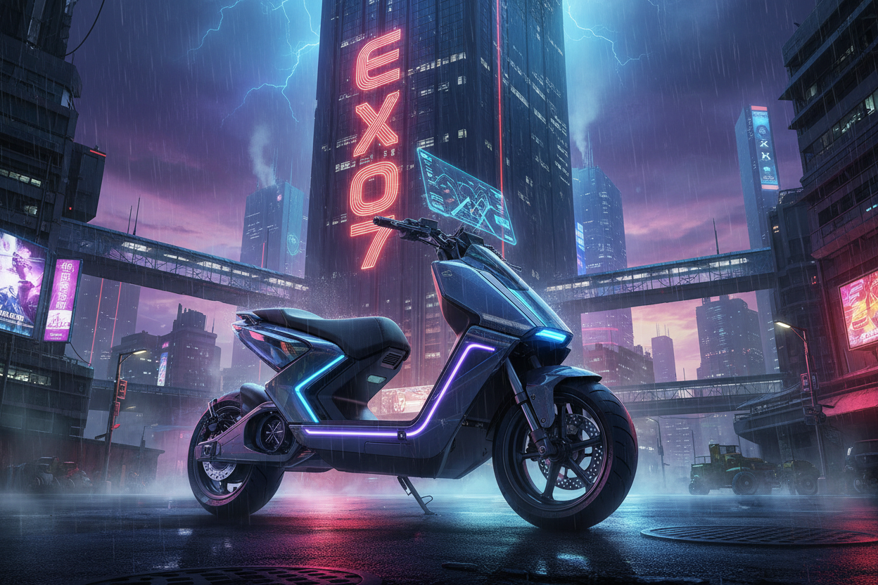 scooter elettrico del futuro con in sfondo un grattacielo chiamato exo7