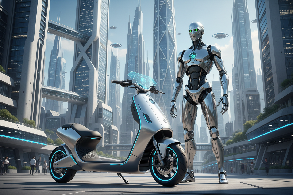 scooter elettrico del futuro con robot umanoide accanto e in sfondo grattacieli futuristici