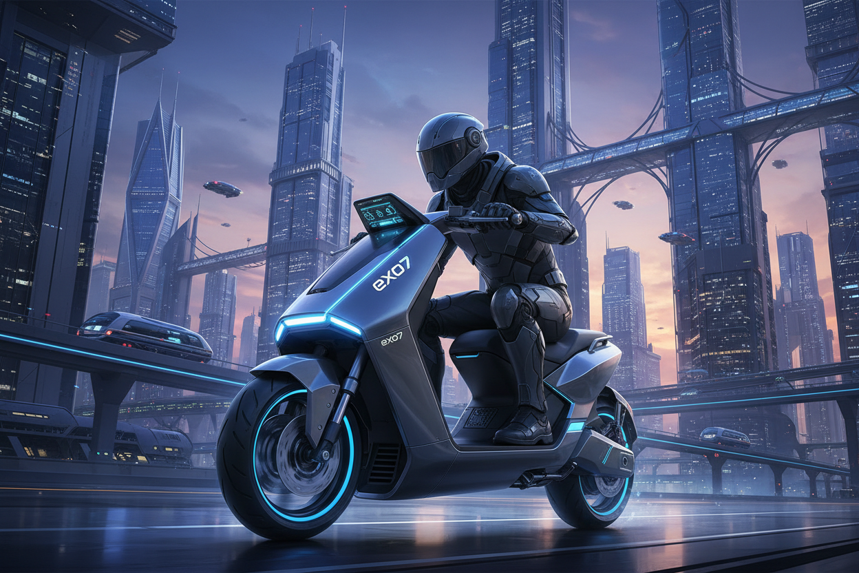 scooter elettrico del futuro con sfondo grattacielo chiamato exo7